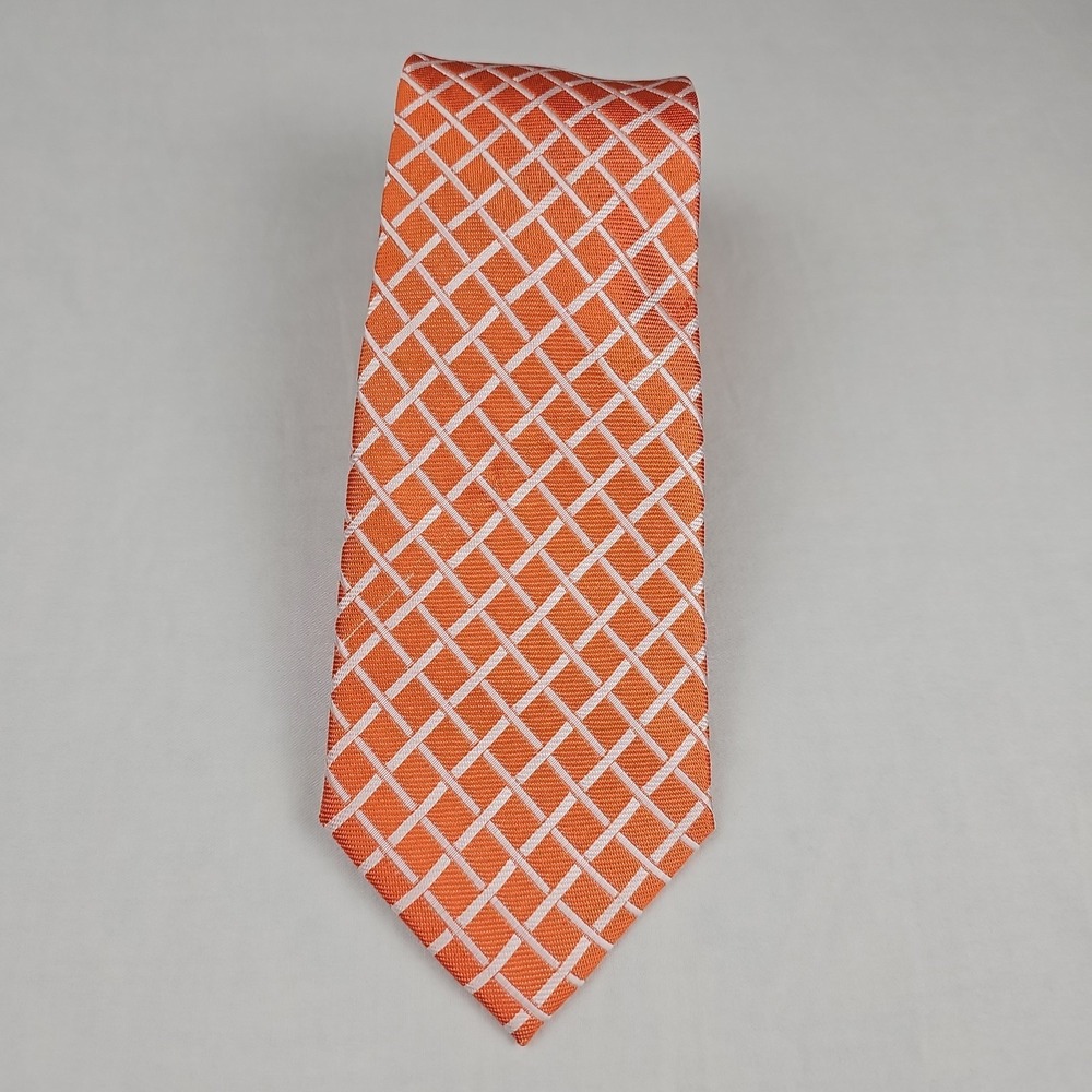 Men's Necktie Tie Classic Checks Plaids Orange  100% Silk‎ Hand Made Preppy